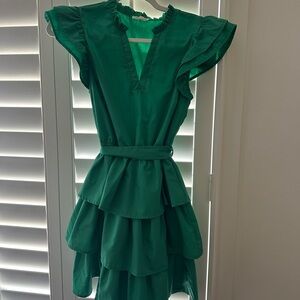 Main Strip Emerald Green Tiered Ruffle Mini Dress